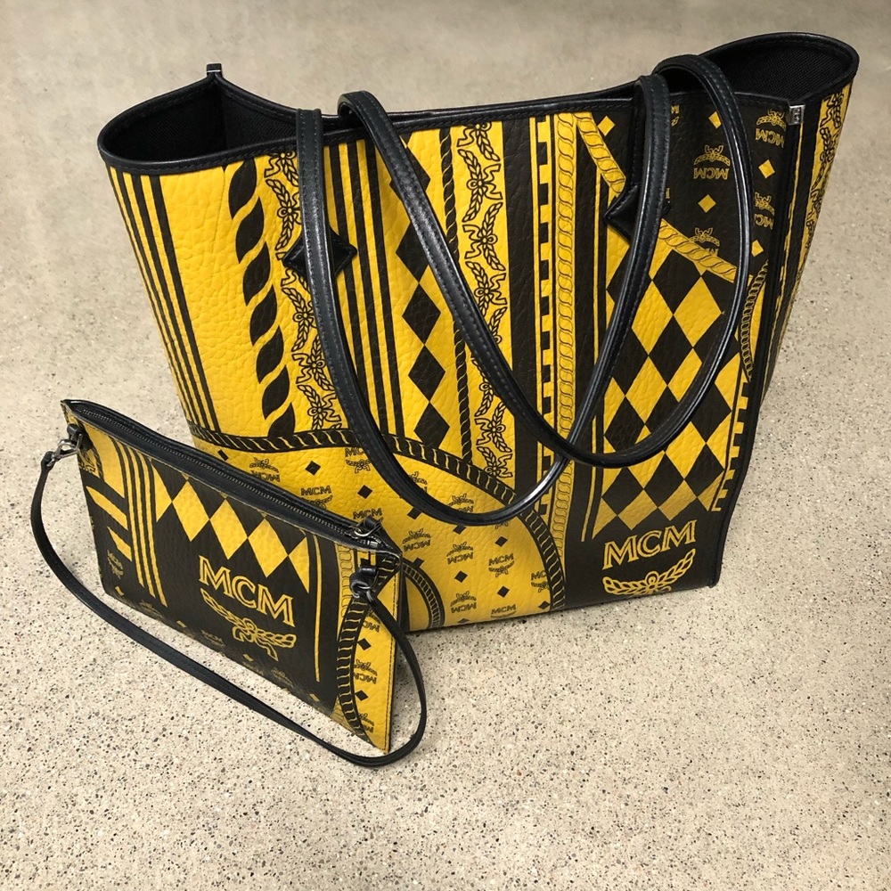 MCM Yellow and Black Printed Canvas Tote with Wristlet